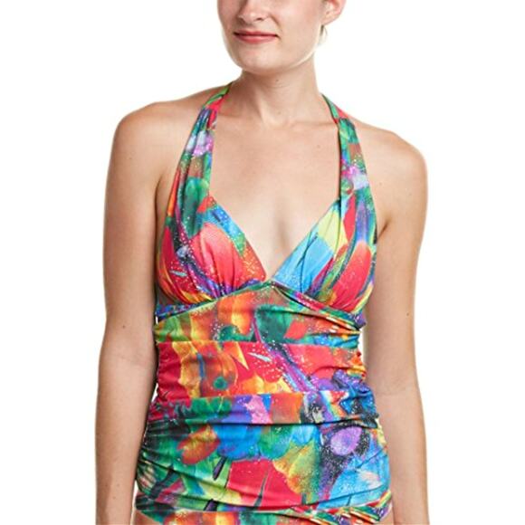 La Blanca Ruched Front Halter Tankini Swimsuit  2-Piece Rainbow Feathering - Picture 1 of 7